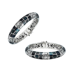 Sterling silver hinged bangle with black shell inlay and ornate filigree design handcrafted in Bali.