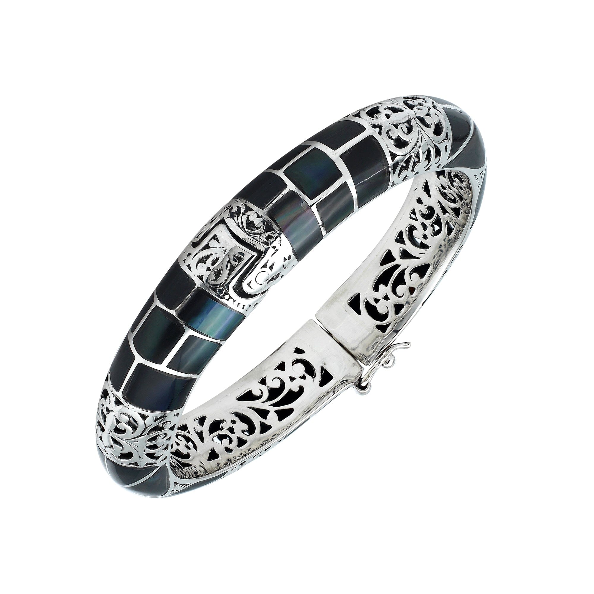 Sterling silver hinged bangle with black shell inlay and ornate filigree design handcrafted in Bali.
