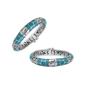 Sterling silver turquoise shell inlay hinged bangle with filigree design handcrafted in Bali.