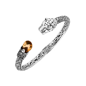 Sterling silver panther head cuff bangle with citrine quartz ends and floral carvings handcrafted in Bali.