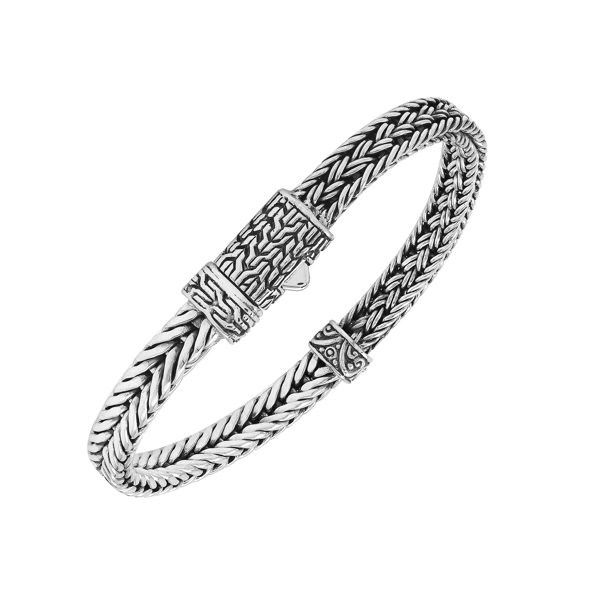 Sterling silver woven chain bracelet featuring ornamental detailing and a secure push clasp, designed for professional jewelry retailers and wholesale distributors.