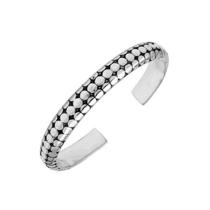 Sterling silver medium bangle featuring polished dot pattern detailing, oxidized accents, and a secure hinge lock crafted for reliable and stylish wholesale jewelry selections.