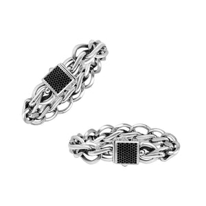 Wholesale sterling silver heavy chain bracelet featuring a square Black Cubic Zirconia accent, polished finish, and push-clasp closure designed for high-volume, consistent bulk inventory.