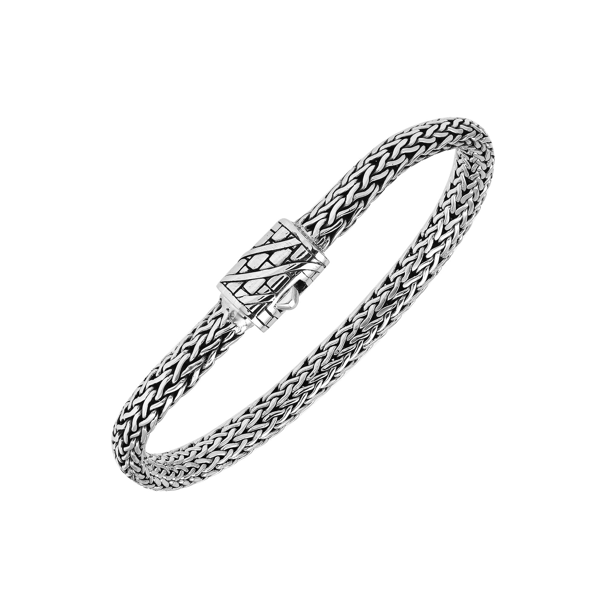A wholesale sterling silver compact woven bracelet with an etched push clasp, featuring polished and oxidized detailing crafted for high-quality bulk jewelry collections.