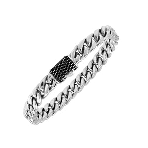 Wholesale sterling silver Cuban chain bracelet with black cubic zirconia bar handcrafted in Bali.