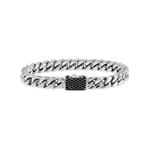 Wholesale sterling silver Cuban chain bracelet with black cubic zirconia bar handcrafted in Bali.