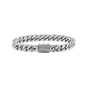 A finely crafted 925 sterling silver chain link bracelet featuring a Cubic Zirconia paved centerpiece with a polished finish and intricate interlocking chain design.