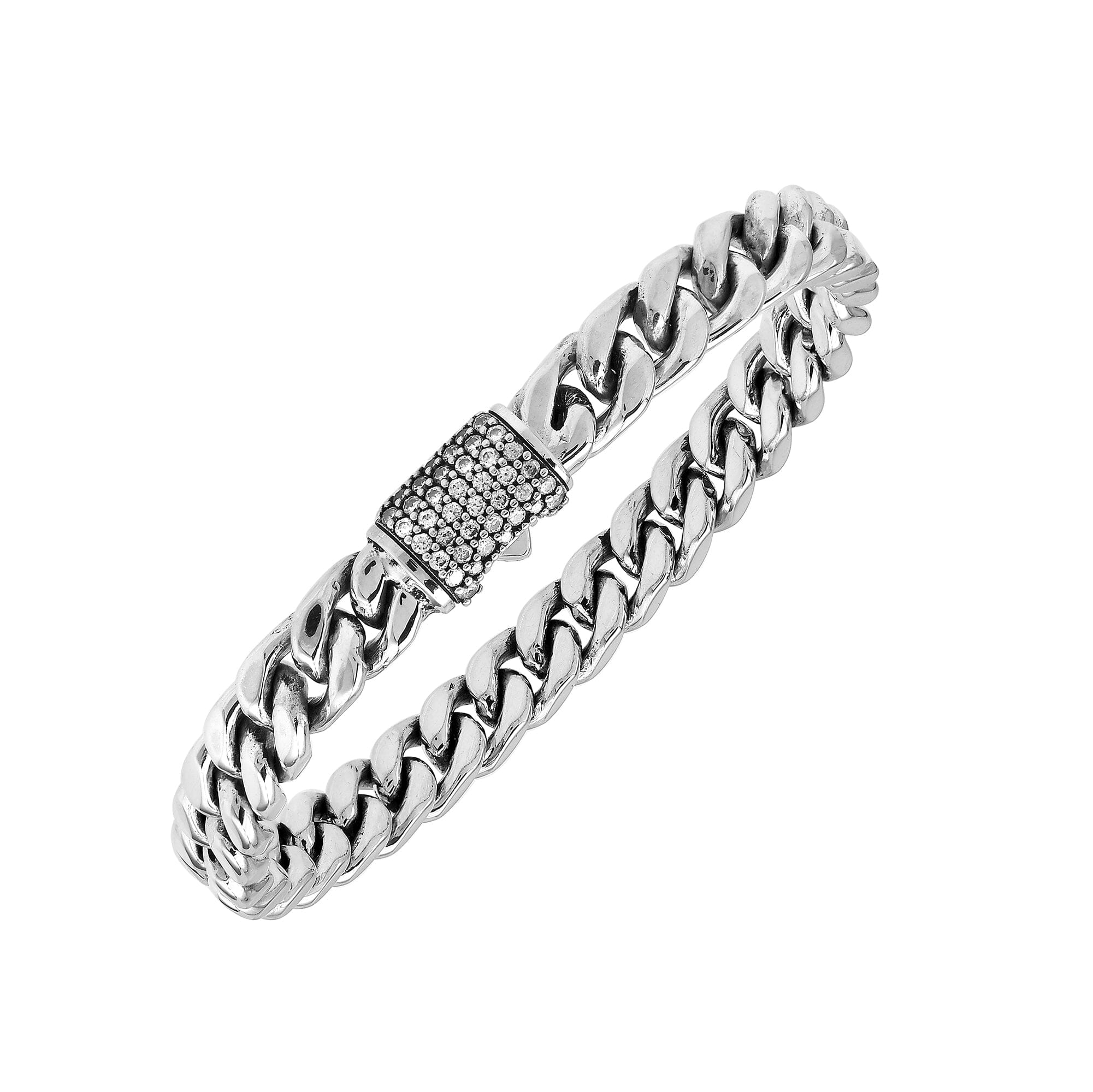 A finely crafted 925 sterling silver chain link bracelet featuring a Cubic Zirconia paved centerpiece with a polished finish and intricate interlocking chain design.