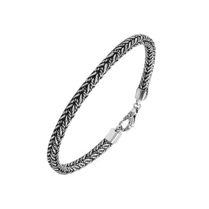Sterling silver wheat chain bracelet with oxidized finish and hook clasp handcrafted in Bali.
