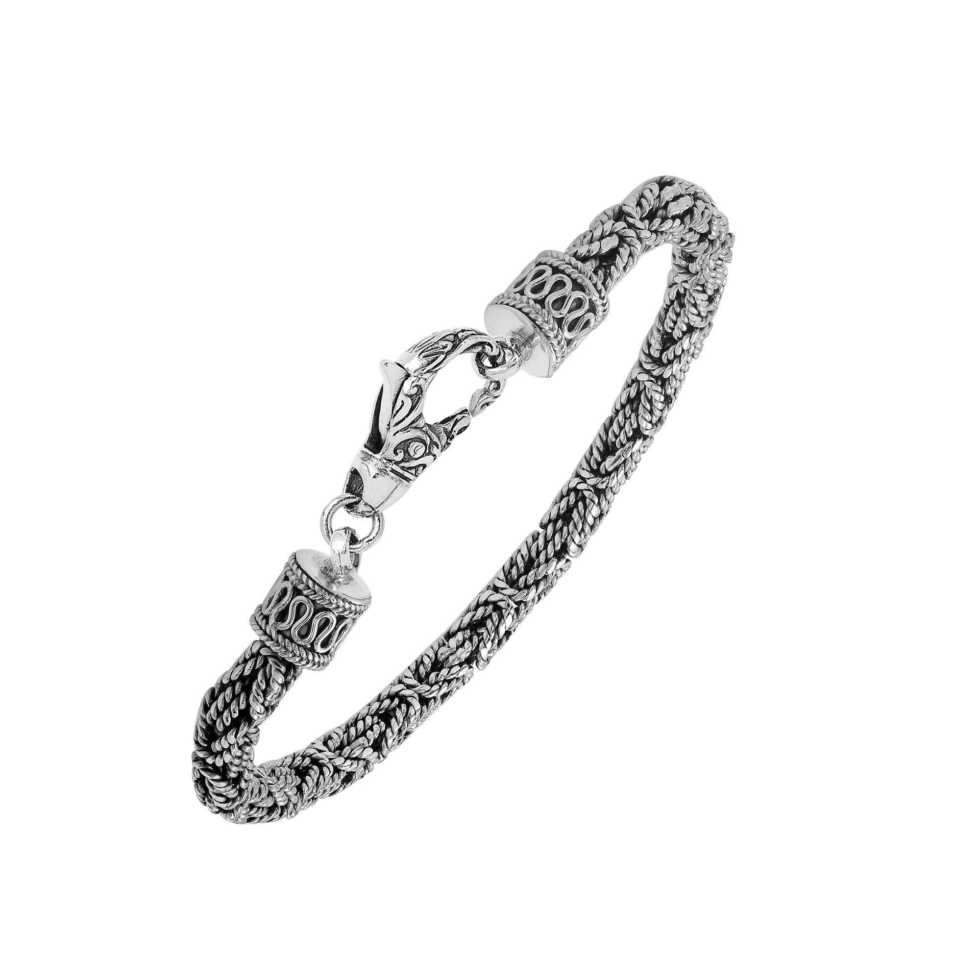Wholesale sterling silver bracelet showcasing a detailed 4MM woven Balinese chain with oxidized texture and a secure lobster lock suitable for catalog listings.