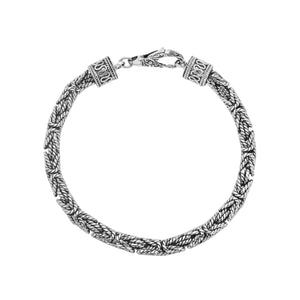 Wholesale sterling silver bracelet featuring a handcrafted 5MM woven Balinese chain design with oxidized detailing and a secure lobster lock for catalog listings.