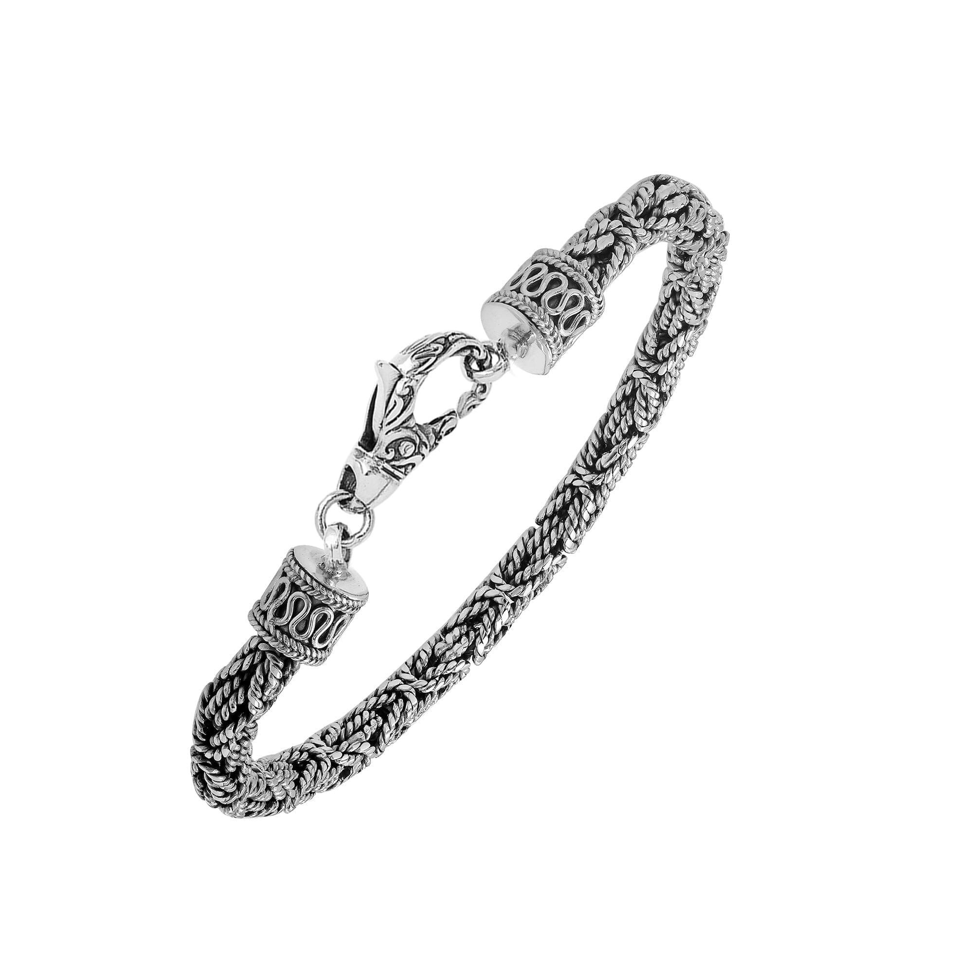 Wholesale sterling silver bracelet featuring a handcrafted 5MM woven Balinese chain design with oxidized detailing and a secure lobster lock for catalog listings.