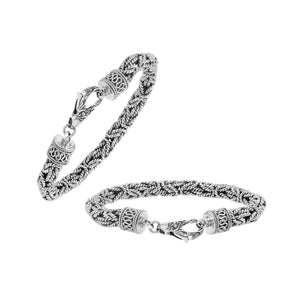 Wholesale sterling silver bracelet featuring a handcrafted 6MM Balinese woven chain with oxidized highlights and a secure lobster lock suitable for catalog and bulk listings.