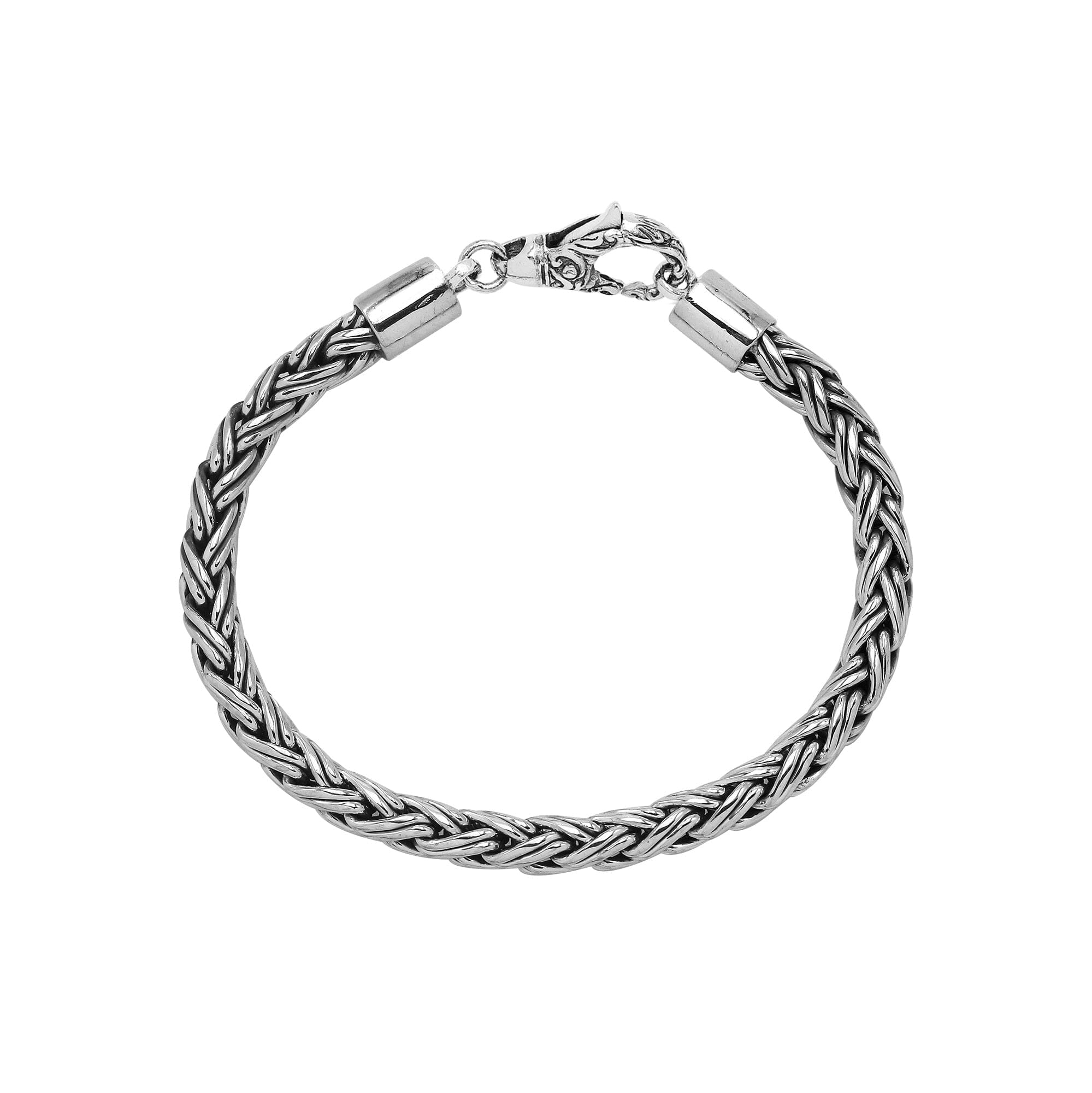 Sterling silver braided wheat chain bracelet with oxidized finish and hook clasp handcrafted in Bali.