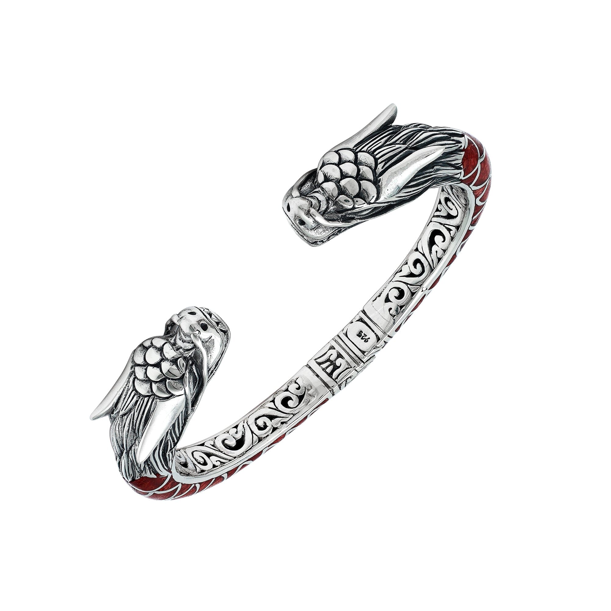 Wholesale sterling silver phoenix-inspired bangle featuring Red Coral accents, ornate Balinese scroll engraving, and a sturdy hinge lock for detailed, artisan-quality wholesale jewelry collections.
