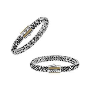 Sterling Silver & 18K Gold Bali Wheat Chain Bracelet Featuring Geometric Dual-Tone Panel Clasp And Handcrafted Artisan Detailing