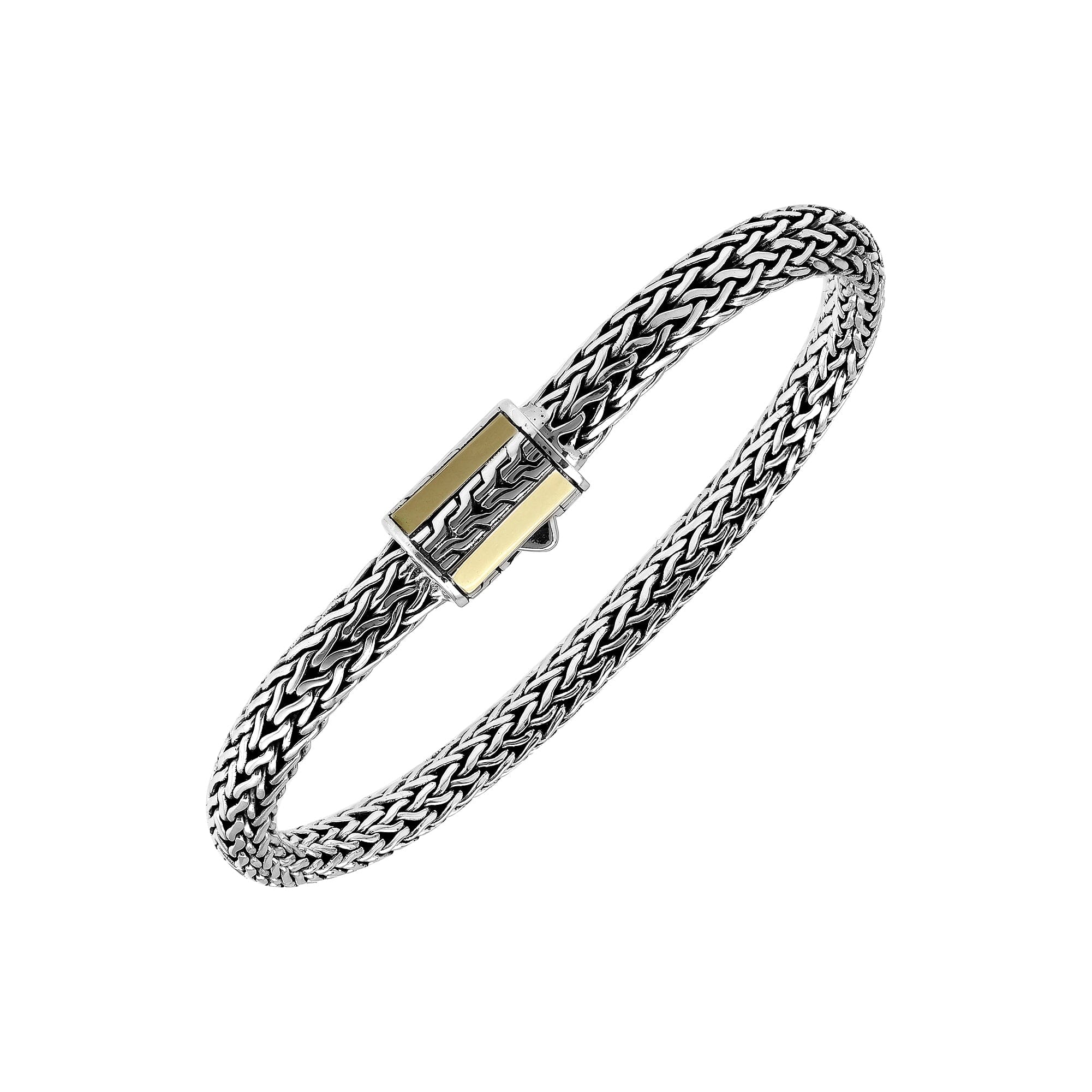 Sterling Silver & 18K Gold Bali Wheat Bracelet With Minimalist Dual-Tone Geometric Clasp And Handcrafted Balinese Weave