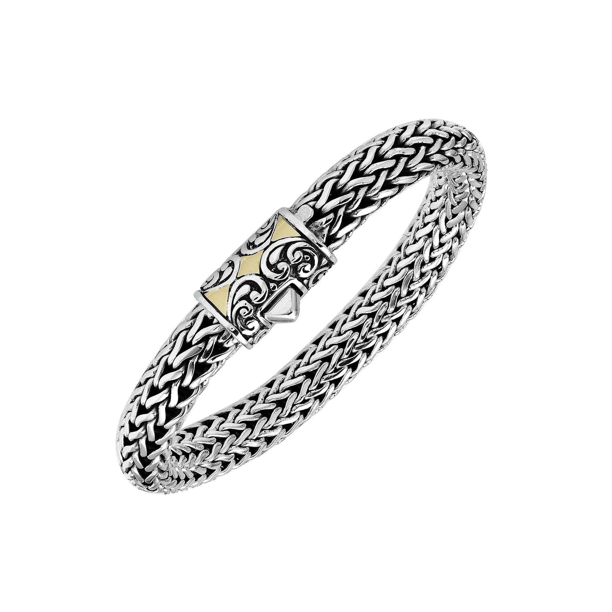 Sterling Silver & 18K Gold Bali Wheat Chain Bracelet With Swirl Pattern Dual-Tone Clasp And Handcrafted Balinese Detailing
