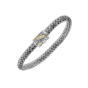 Sterling Silver & 18K Gold Bali Wheat Bracelet Featuring Angled Stripe Dual-Tone Clasp With Handcrafted Balinese Weave