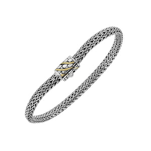 Sterling Silver & 18K Gold Bali Wheat Bracelet With Brick Pattern Dual-Tone Clasp And Angled Gold Inlay