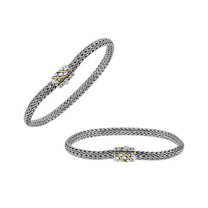 Sterling Silver & 18K Gold Bali Wheat Bracelet With Brick Pattern Dual-Tone Clasp And Angled Gold Inlay