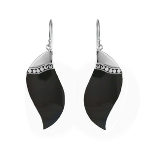 Sterling silver black shell wave earrings with dotted silver accent for wholesale jewelry buyers