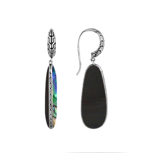 Sterling Silver Abalone Shell and Black Shell Drop Earrings featuring teardrop design with textured edges and mirror-polished shine for wholesale buyers