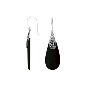 Sterling silver Black Shell long drop earrings with earwire lock
