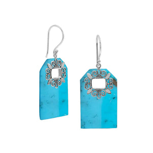 Turquoise Shell rectangular earrings with silver filigree frame
