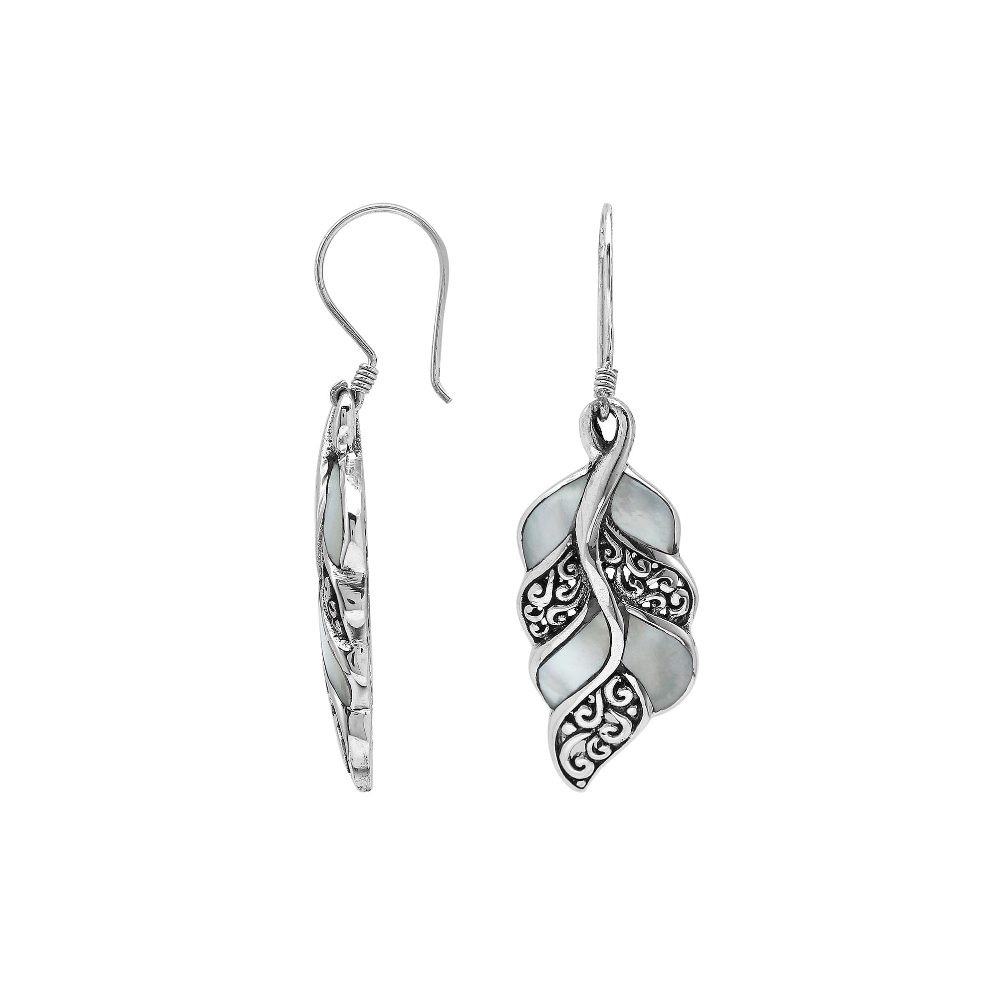 Mother Of Pearl Silver Leaf Filigree Earrings For Wholesale