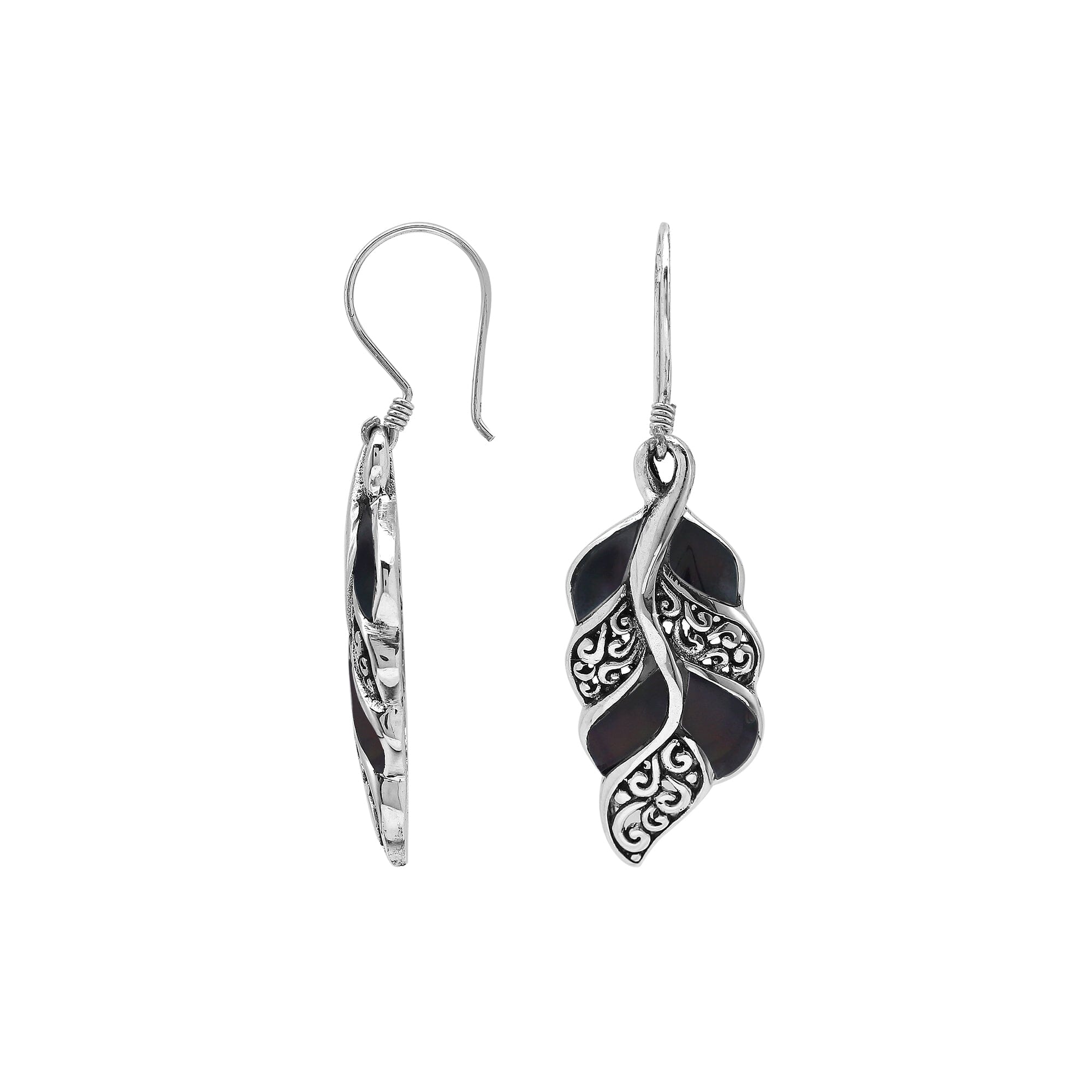 Black Shell Silver Leaf Filigree Earrings For Wholesale