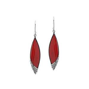 Red Coral Long Marquise Silver Earrings For Wholesale