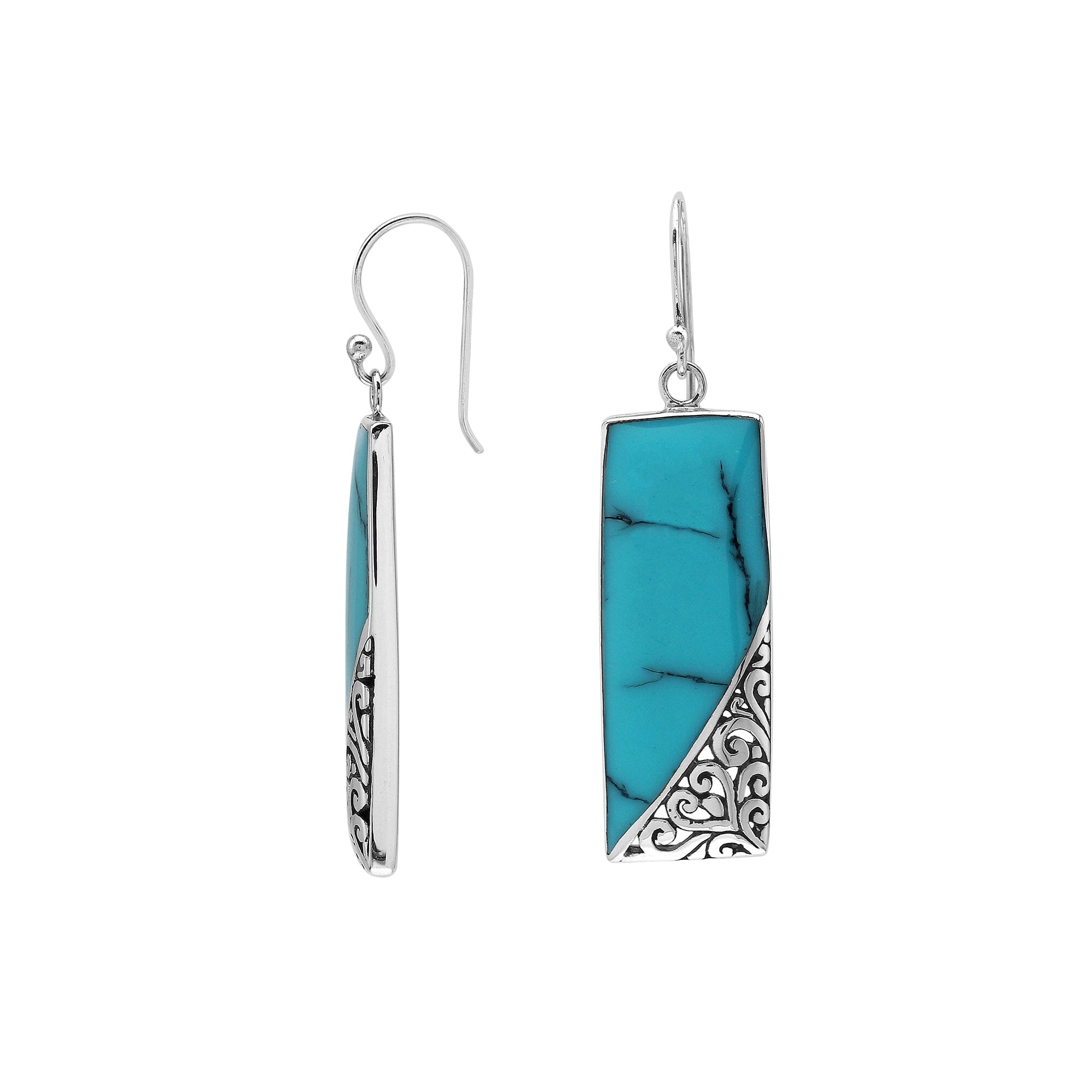 Rectangular Turquoise Shell Earrings With Silver Filigree