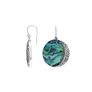 Round Abalone Shell Silver Earrings With Filigree Border