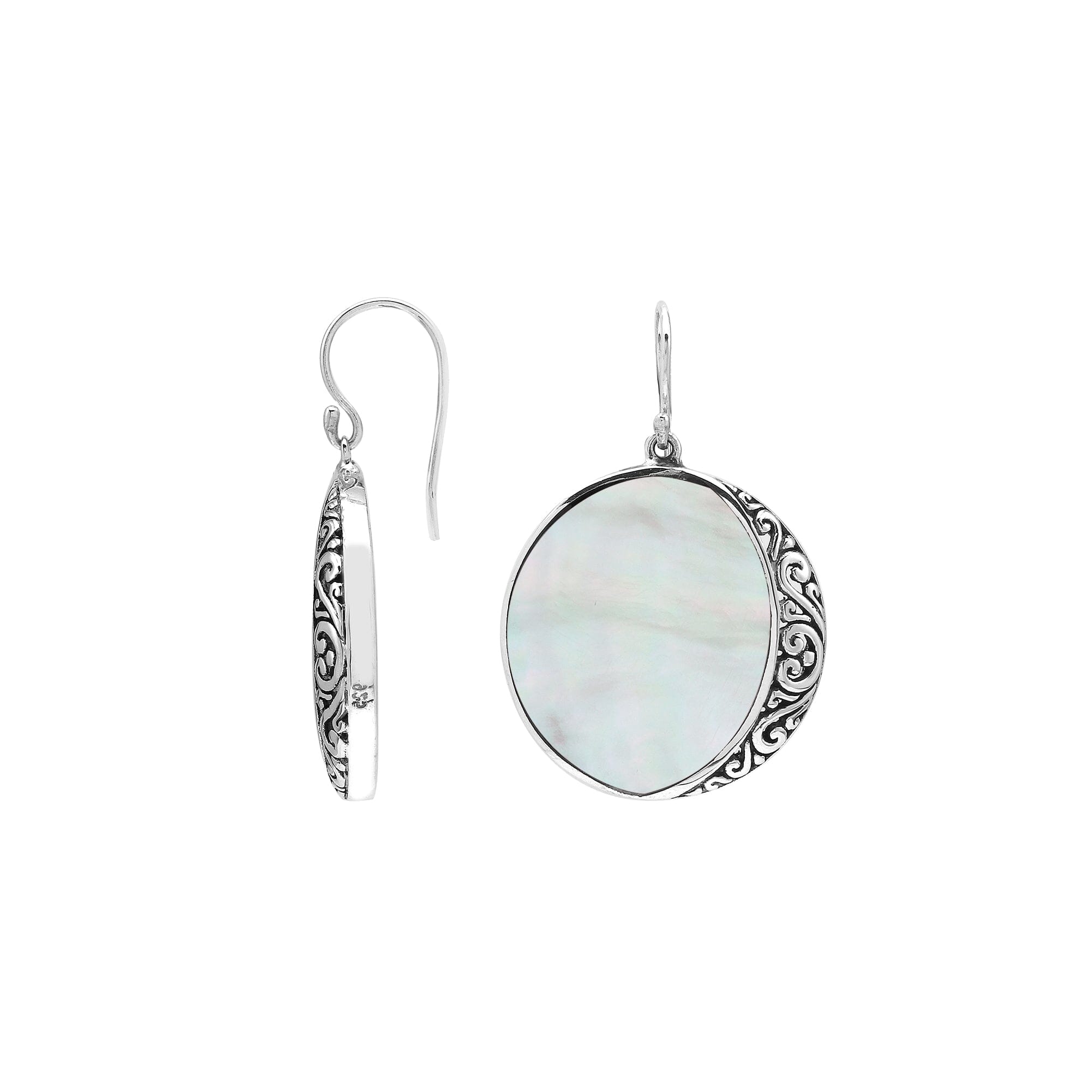 Round Mother Of Pearl Silver Earrings With Filigree Detailing
