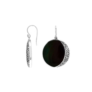 Round Black Shell Silver Earrings With Filigree Border