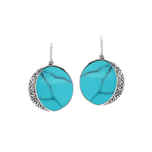 Round Turquoise Shell Silver Earrings With Filigree Detailing