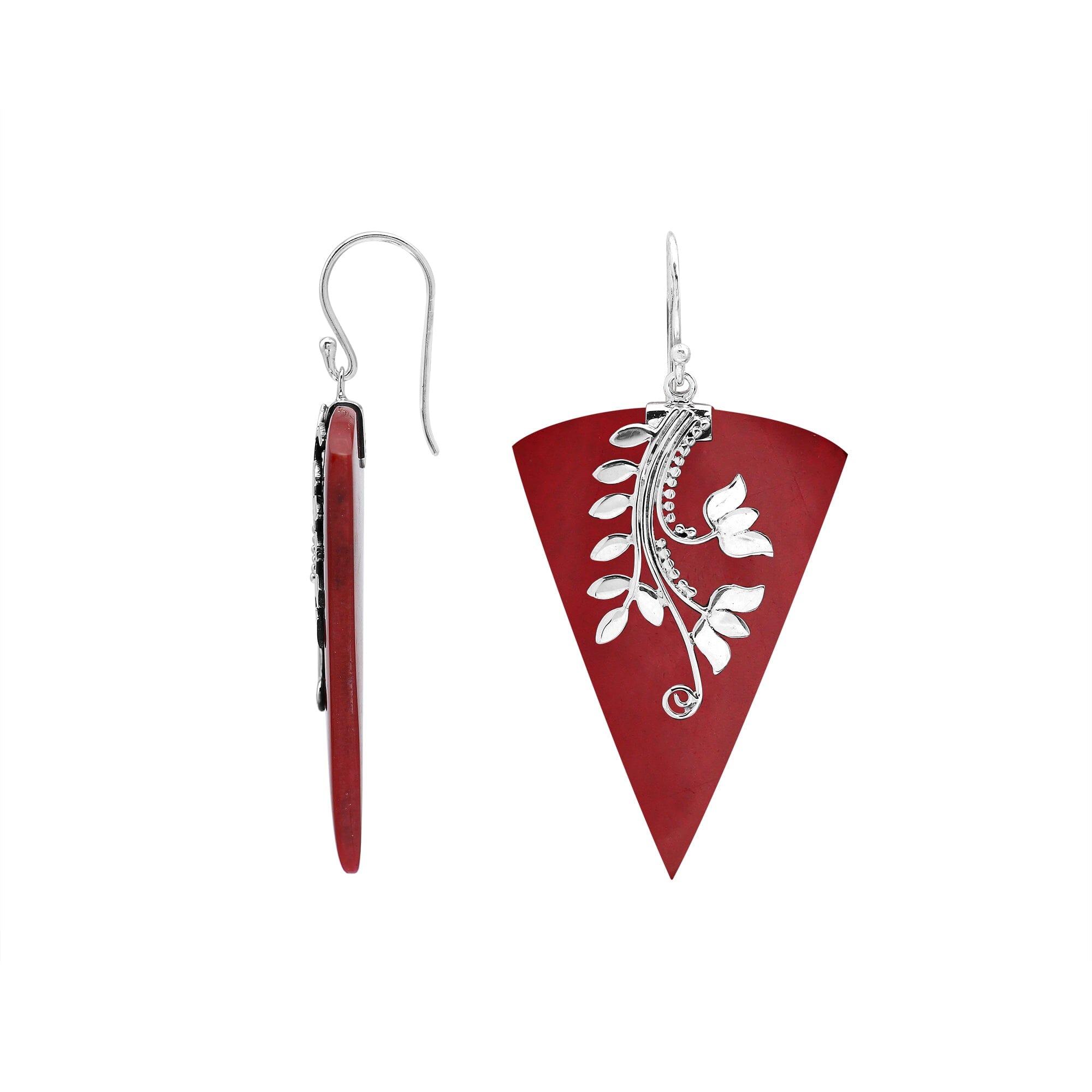 Sterling silver Red Coral dangle earrings handcrafted in Bali