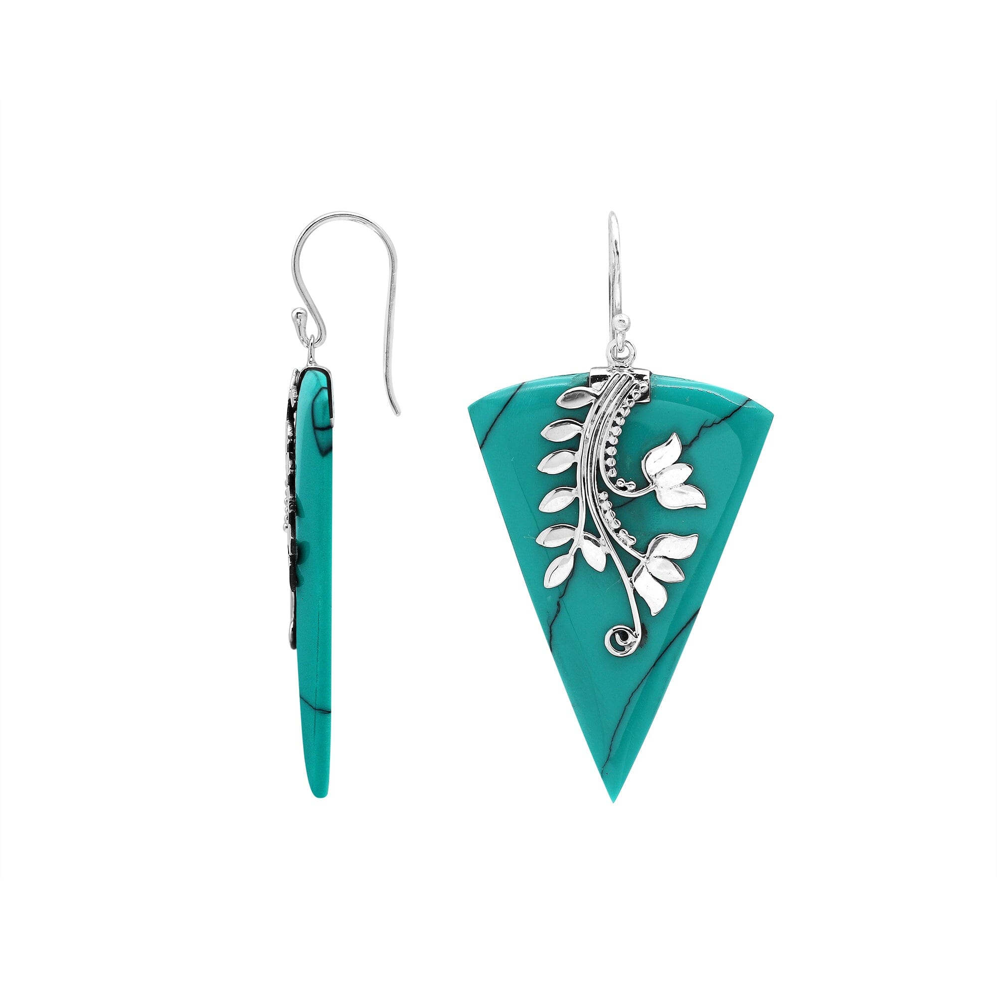 Sterling silver Turquoise Shell dangle earrings with leaf detailing handcrafted in Bali