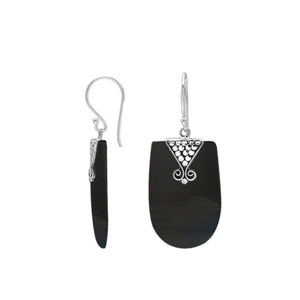 Sterling silver Black Shell dangle earrings with ornate detailing handcrafted in Bali