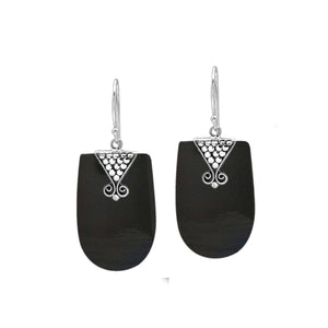 Sterling silver Black Shell dangle earrings with ornate detailing handcrafted in Bali