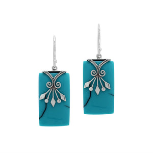 Turquoise Shell rectangular silver earrings with leaf scroll design