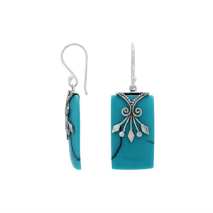 Turquoise Shell rectangular silver earrings with leaf scroll design