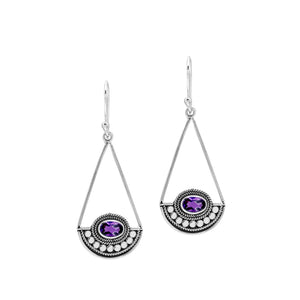 Amethyst Quartz triangle silver earrings with beaded frame design