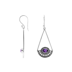 Amethyst Quartz triangle silver earrings with beaded frame design