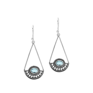 Blue Topaz Quartz triangle silver earrings with beaded frame design