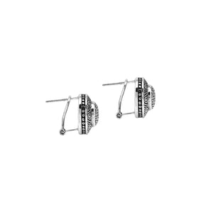 Wholesale sterling silver round patterned earrings with textured metal detailing and omega clip closure.