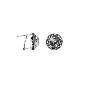 Wholesale sterling silver round patterned earrings with textured metal detailing and omega clip closure.