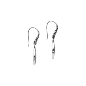 Sterling Silver Carved Diamond-Shaped Dangle Earrings Featuring Balinese Dot And Swirl Textured Design