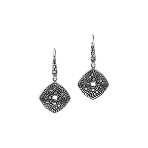 Sterling Silver Carved Diamond-Shaped Dangle Earrings Featuring Balinese Dot And Swirl Textured Design